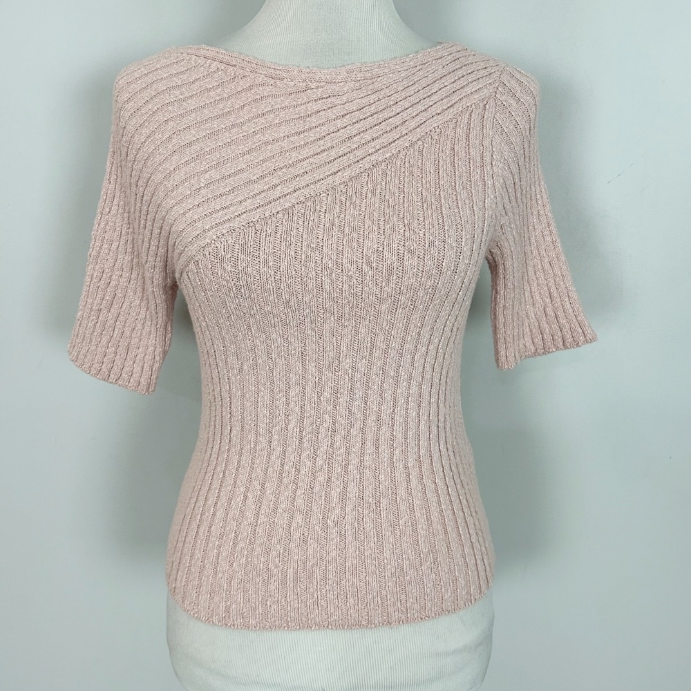 Anthropologie Maeve Ribbed Sweater Tee Knit Pink Asymmetrical Size Small